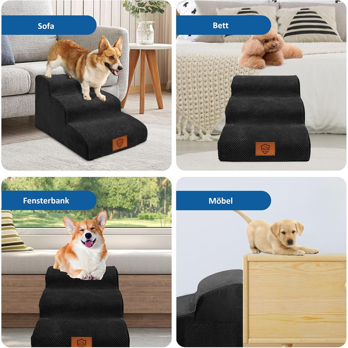 Сходинки для собак ZNM: 3-ступенева переносна драбинка для маленьких собак та котів, 40 см, чорний колір