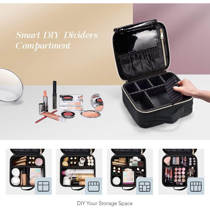 Косметичка для макіяжу та косметики, органайзер для подорожей, чорна. З ручкою та регульованими перегородками