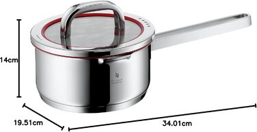 Каструля WMF Function 4 з ручкою 16 см, скляна кришка, 1,4 л, каструля для молока, індукційна, Cromargan нержавіюча сталь, 4 функції зливу, внутрішня шкала, червона