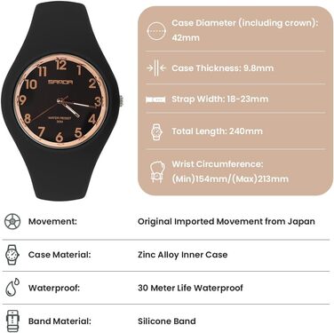 Жіночий годинник: аналоговий кварцовий годинник на силіконовому ремінці. Спортивний годинник для студентів та дорослих, чорного кольору.