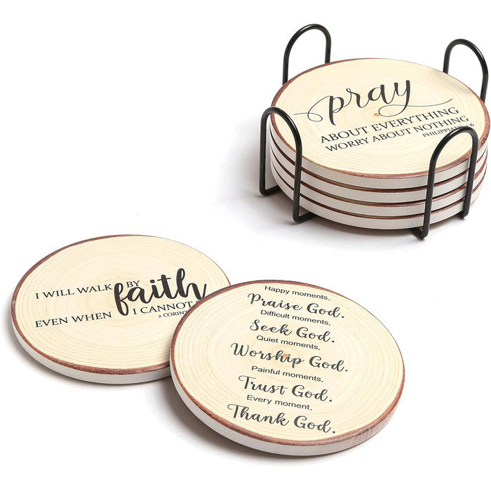 Hoomey Drink Coasters with Bible Verses, 6 Pack - Absorbent Drink Coasters with Holder, Ceramic Coasters with Cork Back for Table Protection, Christian Coasters, Christian