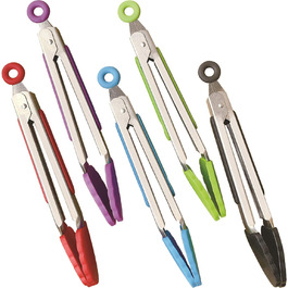 Lecoku Mini Kitchen Tongs Set of 5, small stainless steel tongs with silicone tips, 17.8 cm, serving tongs, cooking tongs for salad, roasting, and grilling