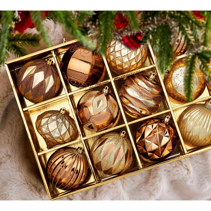 Набір з 12 бронзових новорічних кулі для ялинки, 10 см, великий, безпечні від пошкоджень