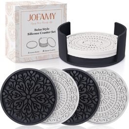 Drink Coasters, Silicone Coasters with Holder, Set of 8, Boho Style Grooved Pattern, Table Protector Coffee Coasters for Desk, Kitchen, Bar, Machine Washable & Heat Resistant