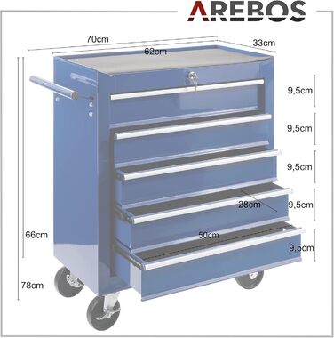 Майстерня на коліщатах Arebos з 5 ящиками, з центральним замком, кулькопідшипники, антиковзаючі килимки, 2 колеса з гальмом (Блакитний)