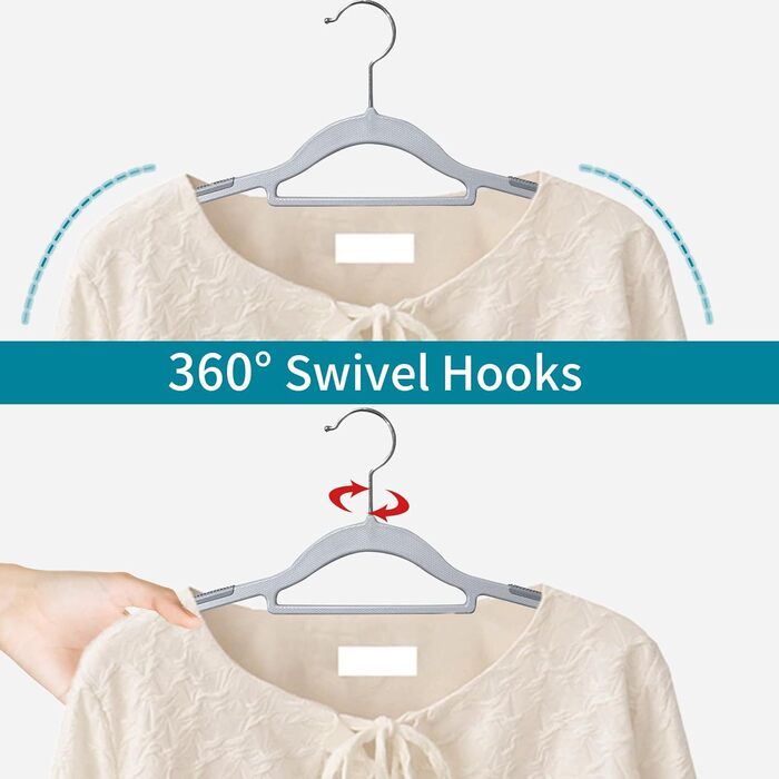 50 штук вішалок для одягу, з неслизьким пластиком, економія місця, 360° обертання гачка, товщина 0,5 см, довжина 42 см, для пальто, суконь, сорочок, сірий + срібло, APY0350G