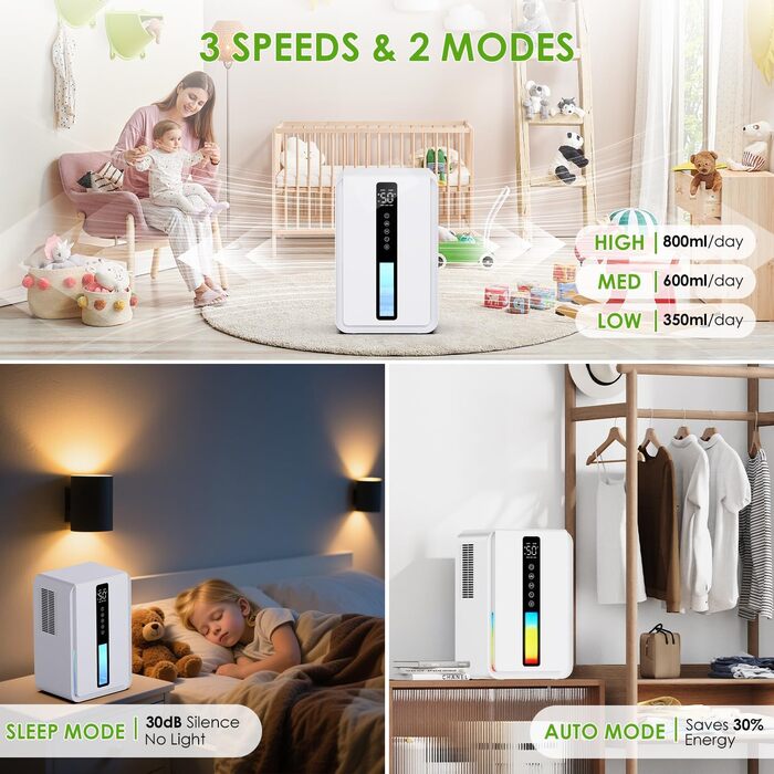 Електричний осушувач повітря 1.8L з антизаморожувальним захистом, 2 швидкості та 2 режими, таймер 48H, RGB підсвітка, для спальні, ванної кімнати та гуртожитку (2500 мл)