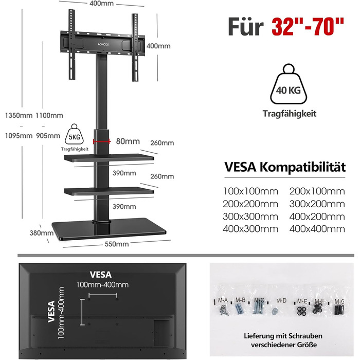 AOKCOS TV Stand for 32-70 inch Flat & Curved TVs - Adjustable Height, Swivel, Tilt, 3-Tier Shelves, VESA 400x400, up to 40kg (White/Black)