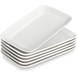 Сервірна таця MALACASA з порцеляни, 6-ти частинний набір, прямокутна, 25 x 14 см, біла. Ідеально для буфетів, суші, тортів та закусок вдома та в ресторані.