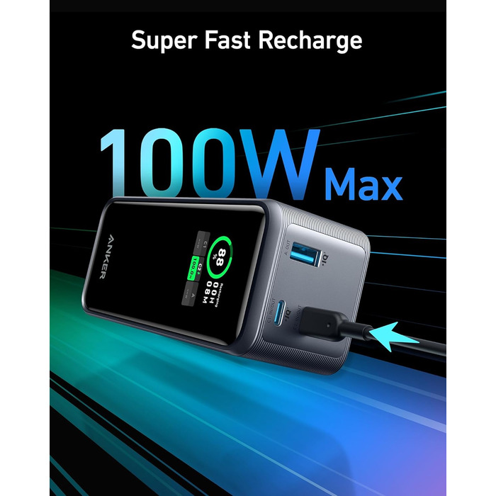 Power Bank Anker Prime 200W, 20000 mAh, Чорний: Швидка зарядка для iPhone, Samsung, MacBook та ін.