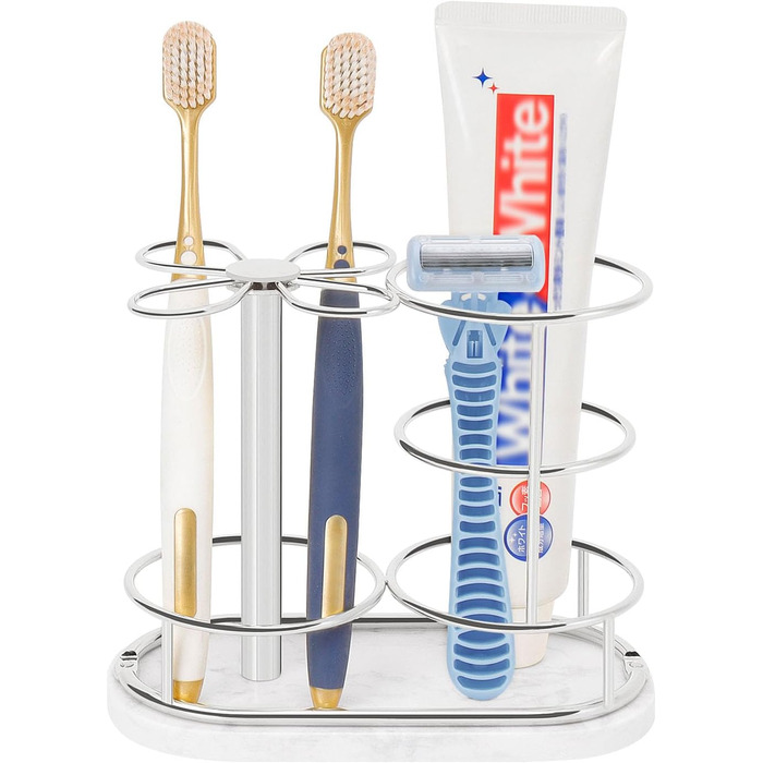 HarJue Bathroom Toothbrush Holder, Metal Toothbrush Organizer with Marble Base, Toothbrush Storage Collection for Family, Suitable for Home, Hotel, Countertop, Vanity (Chrome Finish, Medium)