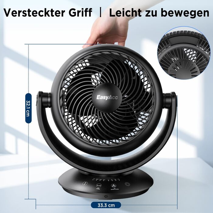 Вентилятор EasyAcc тихий, 25dB, настільний, з авто-осциляцією 90°, 3D Turbo, з пультом, 3 швидкості, таймер 2-12 годин, для спальні - чорний