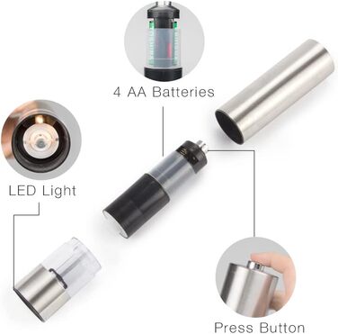 Електричні соляні та перечні мельниці 2 шт. з нержавіючої сталі, регулювання помелу, світлодіодне підсвічування (сріблясті)