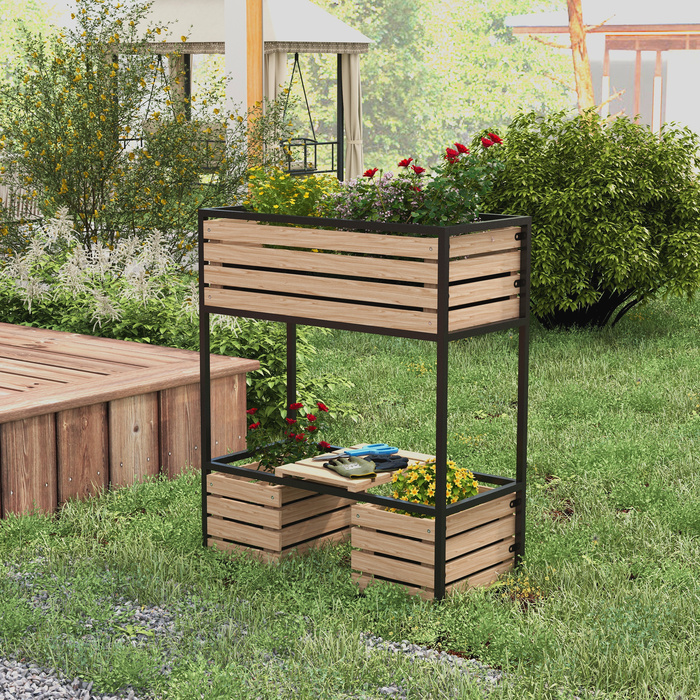 Outsunny Wooden Raised Garden Bed 2-Tier Flower Box with Storage Elevated Vegetable Bed with Interior Fleece Herb Bed Light Brown 83 x 39 x 100 cm