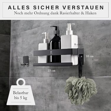 EDELZ® Bad Shower Shelf Shower Basket – No Drilling Required – Shampoo Holder for Shower to Stick on Made of Stainless Steel with Original 3M Adhesive Pads, 2 Movable Hooks, Extra Razor Holder (Stainless Steel Black)
