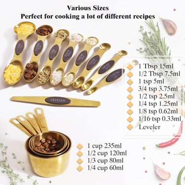 13-Piece Gold-Colored Measuring Cup and Spoon Set, 4 Stainless Steel Measuring Cups and 8 Magnetic Measuring Spoons, 1 Leveler for Kitchen, Cooking, and Baking
