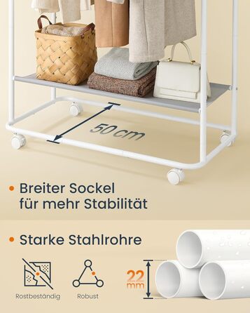 Стойка для одежды SONGMICS HOME на колесах, гардеробна стійка з 2 перекладинами, полиця, бічний органайзер, гачки у формі сірника, стабільна, для спальні, передпокою, HSR171B01 (50T x 189,6H cm, Матовий)