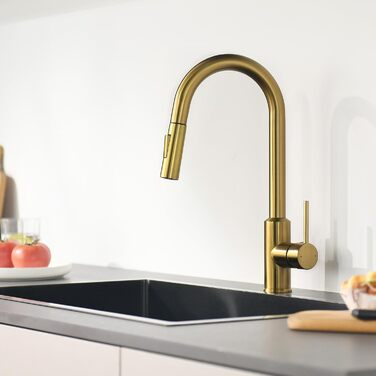 Змішувач кухонний з висувною лійкою та душовою насадкою, поворотний на 360°, 2 режими, нержавіюча сталь (золотий)