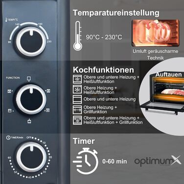 Міні-піч OptimumX 20L з конвекцією, таймером на 60 хв, для піци, 1380 Вт, чорний (60 літрів)