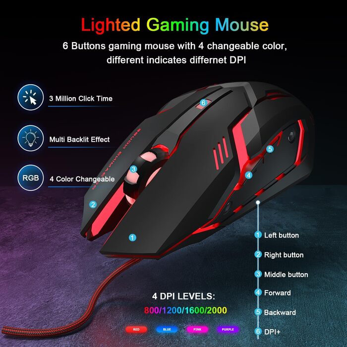 Ігровий набір клавіатури та миші з навушниками, QWERTZ DE розкладка, RGB підсвітка клавіатури, ігрова миша з LED підсвіткою (4 кольори), навушники Over-Ear, велика ігрова килимок, USB провідне підключення для PC, Mac, PS5, Xbox