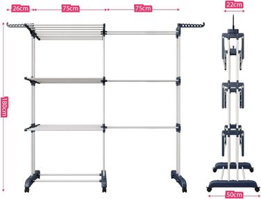 Сушарка для білизни 3-ярусна, турбо-тип, 75-200см, висувна, з 2 обертовими крилами, висота 180см, економна, на колесах для квартири, балкону та саду (сіра)