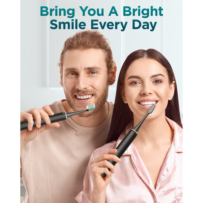 Електрична звукова зубна щітка для дорослих з 8 насадками та кейсом для подорожей, 5 режимів, водонепроникна IPX7, до 90 днів роботи від акумулятора, чорна (1 шт)