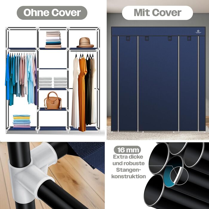 KESSER® Wardrobe Clothes Closet Stable with Clothes Rail & Shelves, Incl. 5x Clothes Hangers, Fabric Folding Closet for Bedroom, Dressing Room Wardrobe with Clothes Rack 150x45x175cm Navy Blue