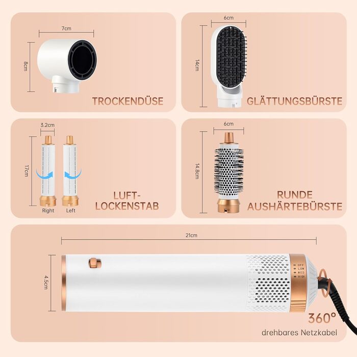Набір для укладки волосся 6 в 1: мультистайлер, авто-локони, фен-щітка, об'єм, випрямлення, сушка (білий)
