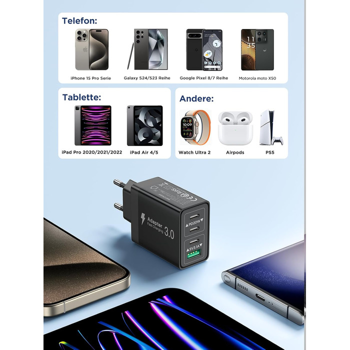 Мережевий адаптер Aioneus 40W з 4 портами USB-C та USB-A (1 шт, чорний)
