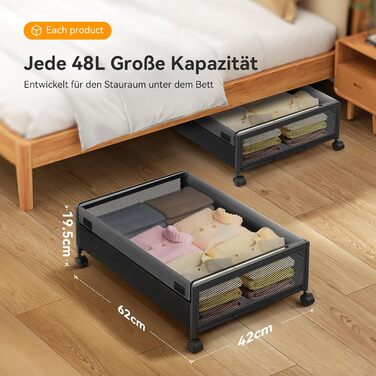 Підліжкова комода з колесами 2 шт., 48 л, ящик для зберігання під ліжком з кришкою та металевим каркасом, складана підліжкова коробка з колесами для одягу, постільної білизни, взуття, 48 л * 2, липучка