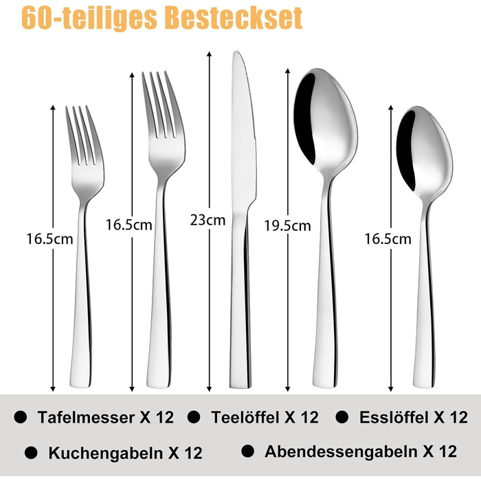 12-Piece Cutlery Set, 60-Piece Stainless Steel Cutlery Set, Eating Utensil Set with Knife, Fork, and Spoon, Stainless Steel Cutlery for Family/Party/Restaurant, High-Gloss Polished & Dishwasher Safe