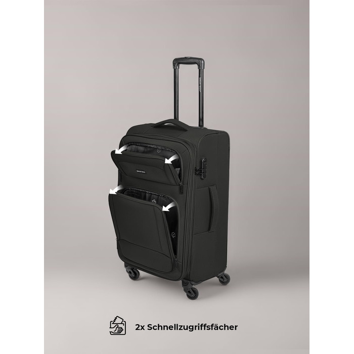 Набір валіз SMARTBOX 3 шт. для жінок та чоловіків | Легкі та міцні валізи-ролери, якісний softcase, 4 колеса та кодовий замок | Розширювані валізи (Чорний колір, валіза M (67 см))