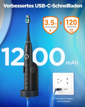 Електрична зубна щітка зі звуковими вібраціями, 8 насадок (3 типи), таймер, 120 днів роботи від акумулятора, 5 режимів чищення, чорний колір, для дорослих, з зарядною станцією