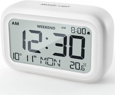 Цифровий будильник DOOMAY з LCD-дисплеєм, регульована гучність, функція відкладення та режим вихідних днів для спальні, робочого столу, подорожей, білий
