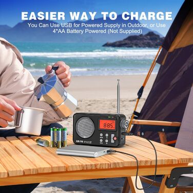 Радіо Tenda FM/UKW/AM з великим дисплеєм, таймером та будильником - транзисторне радіо з живленням від USB/батареї, чорне