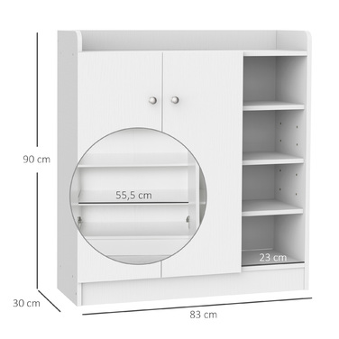 HOMCOM Shoe Cabinet Shoe Rack Chest of Drawers with 2 Doors and 4 Compartments for Entryway in White 83x30x90cm, Space-Saving & Modern