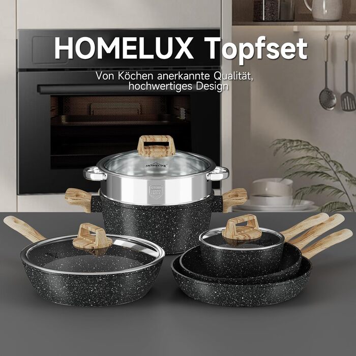 Набір посуду HOMELUX Induktion: 12 предметів, алюміній, антипригарне покриття, з кришками, без PFOA/PFOS, чорний
