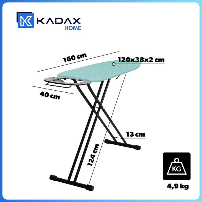 KADAX Ironing Board, 120x38 cm Folding Ironing Table, Height-Adjustable Steam Ironing Table, Steam Ironing Board with Non-Slip Feet, Table with 8mm Foam Padding (Mint)