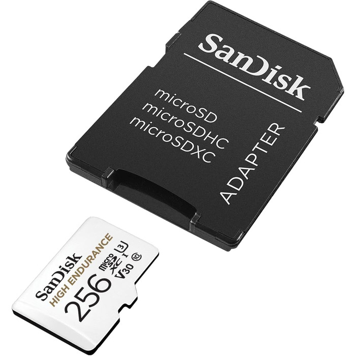 Карта пам'яті microSDXC SanDisk High Endurance 256 GB з адаптером для відеореєстраторів та камер спостереження, V30, 100 МБ/с, Full HD/4K
