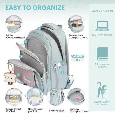 Шкільний рюкзак-роликовий для дівчаток-підлітків, 36л, зелений. Рюкзак для школи з колесами, знімний ролик, для початкової та середньої школи, дорожній рюкзак, 6 коліс