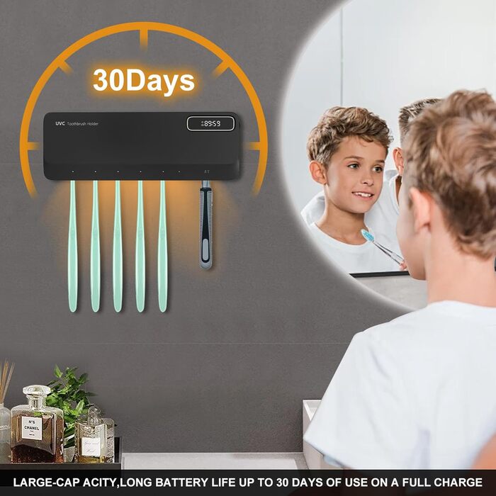 UV Toothbrush Sanitizer with 6 Toothbrush Brush Slots, UV Disinfection Toothbrush Holder with Drying, 2000mAh USB Rechargeable Toothbrush Sanitizer Holder Wall Mounted with 3 Modes for Bathrooms (White) (Black)