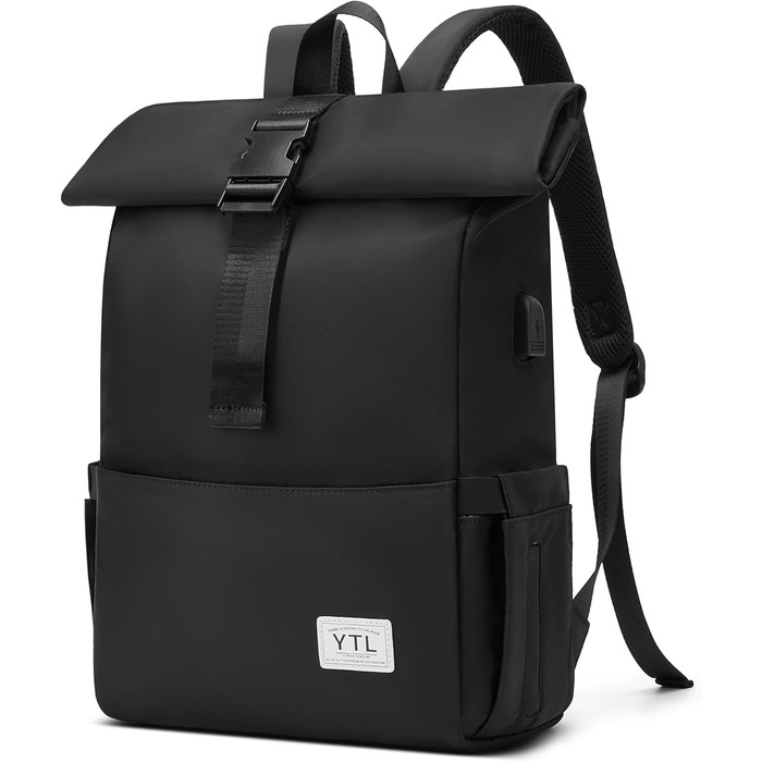 Чорний водонепроникний рюкзак YTL Rolltop з відділенням для ноутбука 17 дюймів. Ідеальний для подорожей, школи, університету та велоспорту.