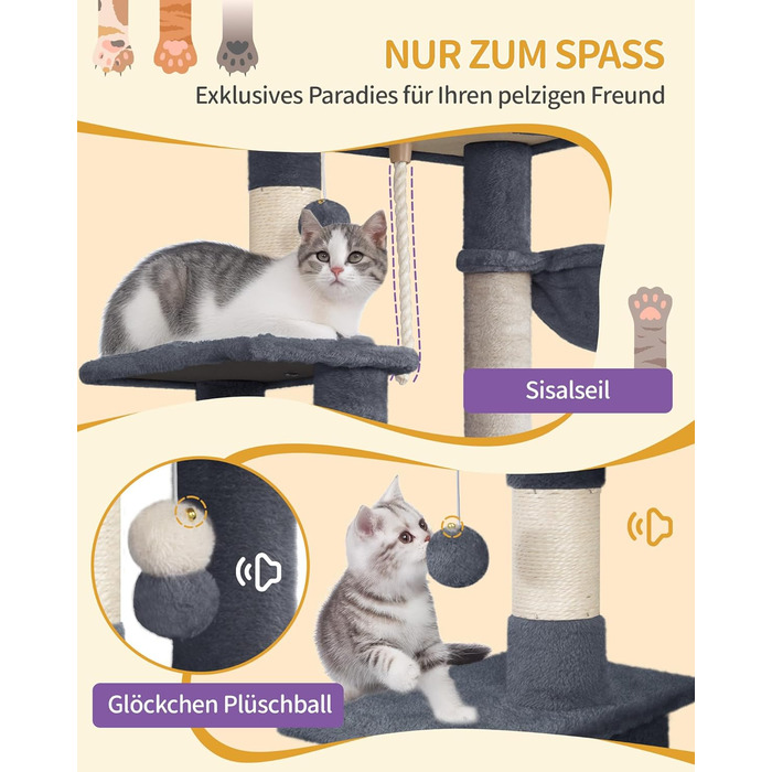 Дерево для котів Hzuaneri, 149 см, з 5 стовпчиками для шліфування, великими платформами, гніздом-хованкою, багатоярусне, з помпонами, MS14918LG (темно-сірий)