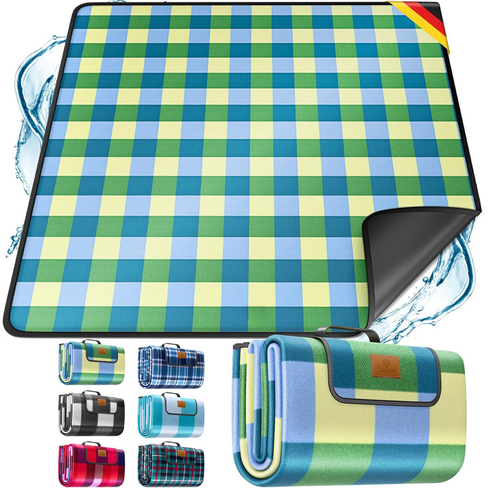 KESSER® Picnic Blanket Camping Blanket XXL 200 x 200 cm - Warm Insulated with Waterproof Bottom, Carrying Handle. Foldable Beach Blanket, Picnic Blankets for 4-6 People. Washable Picnic Blanket (Blue / Green)