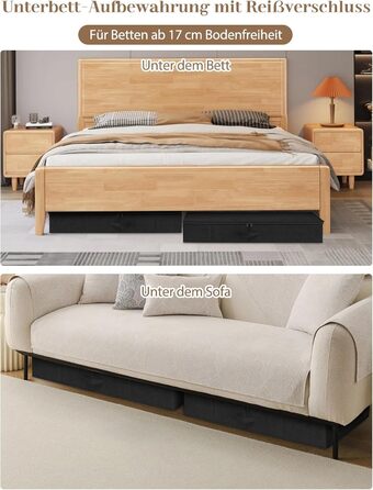 Коробки для зберігання під ліжко MePure, 2 шт. – 50л, складані, з кришкою та блискавкою, сірі. Підходять для одягу, ковдр, постільної білизни, подушок. Розмір 76×38×17 см