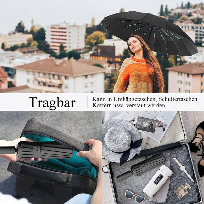 Стійкий до вітру парасолька: компактний автоматичний парасолька великого розміру з 16 ребрами, тефлонове покриття 210T, анти-UV, чорний