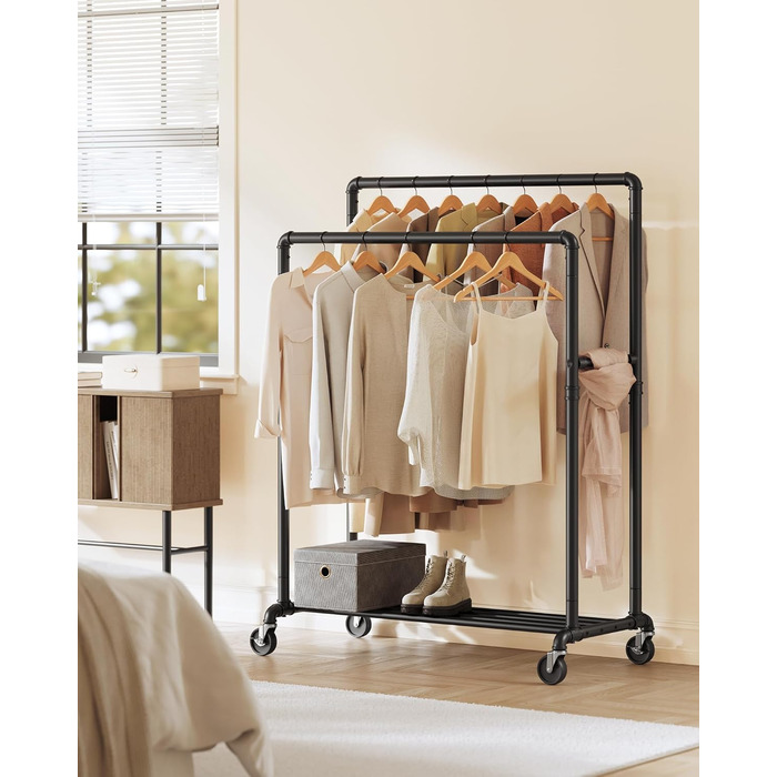 SONGMICS Clothes Rack, Clothes Rail, Coat Rack with 2 Clothes Rails and Shelf, Wheels, Load Capacity up to 110 kg, Industrial Design, for Bedroom, Dressing Room, white HSR060W01 (Black)