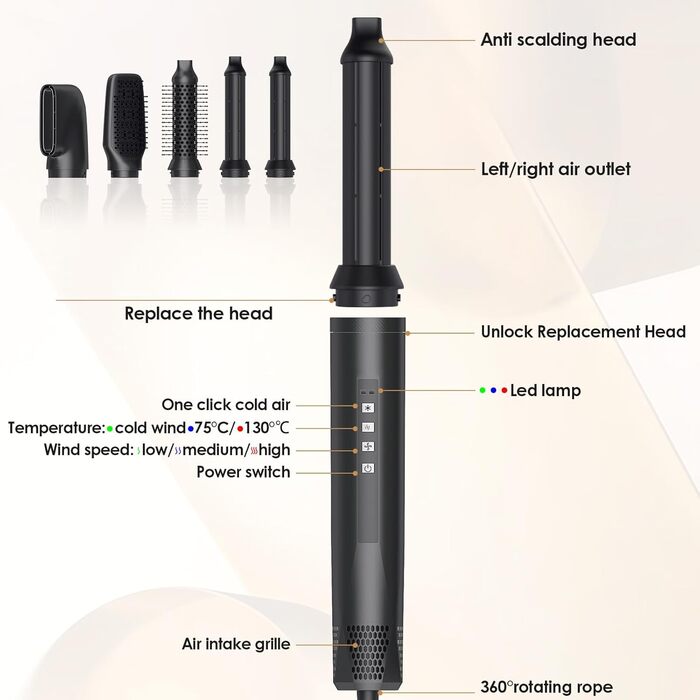 Набір для укладання Journeyside Airstyler: професійна щітка з гарячим повітрям 1000W, 5 насадок, автоматична завивка, випрямляч, для створення об'єму, локонів та випрямлення (чорний)