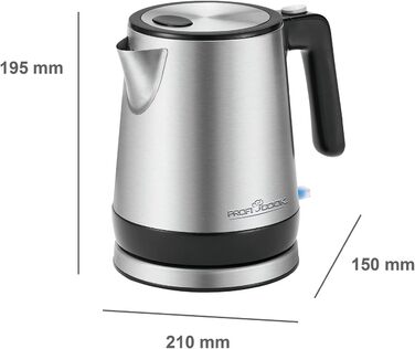 Електричний чайник ProfiCook PC WK 1290, 1.5 л, 2200 Вт, нержавіюча сталь, чорний, з подвійними стінками, збірна база з обмоткою кабелю