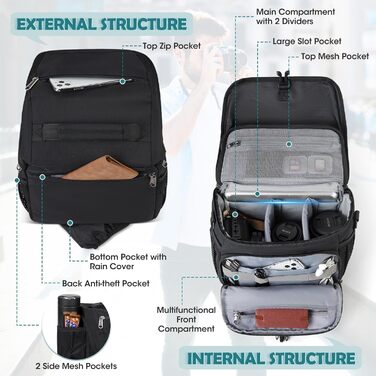 Сумка для камери RAINSMORE для DSLR/SLR з дощем. Сумка для фотографів, об'єктивів та аксесуарів. Чорний колір